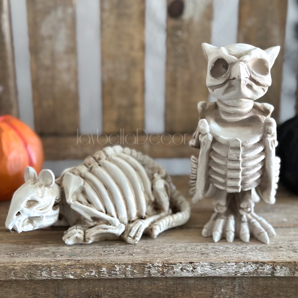 Skeleton Creatures Halloween Decor - Rat and Owl skeleton figurines